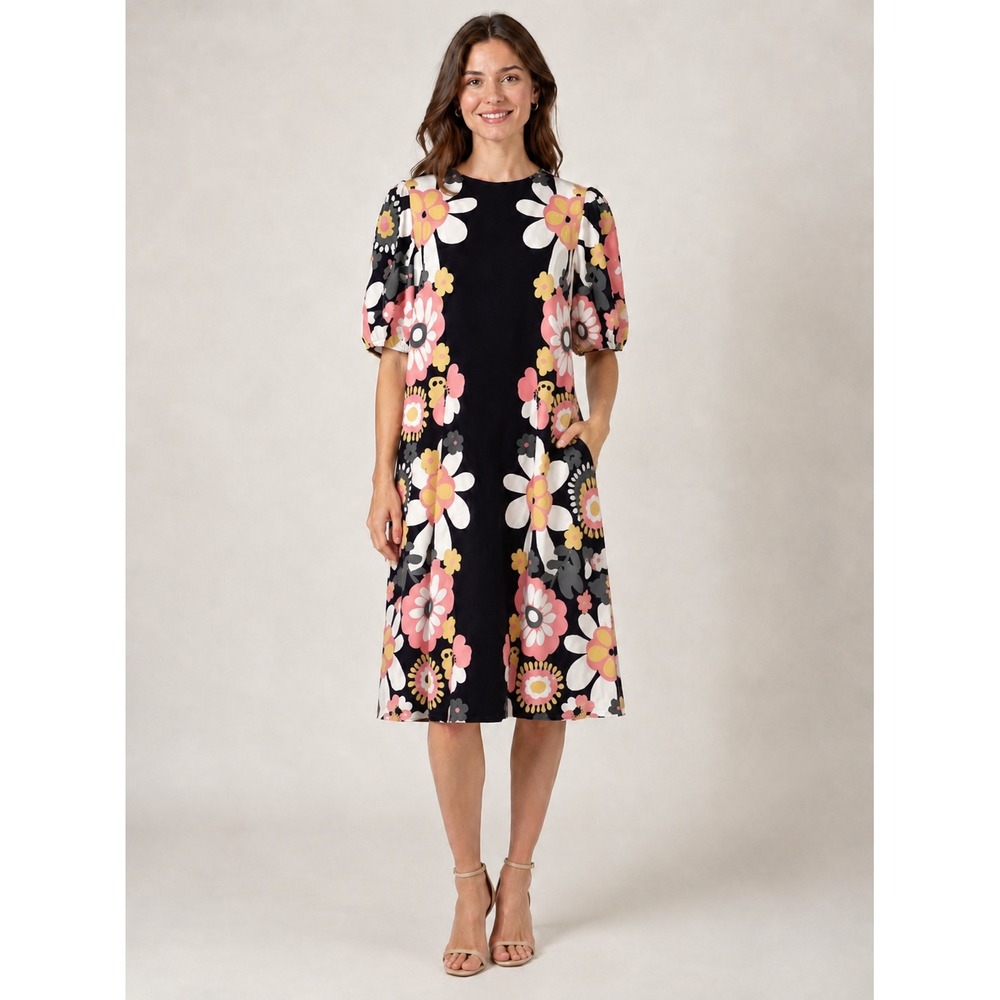 Boden Black Floral Puff Sleeve Shift Dress‎ US 6 UK 10 Jersey Pockets Retro